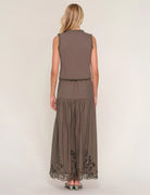 two piece set in brown with eyelet top and eyelet midi skirt