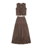 two piece set in brown with eyelet top and eyelet midi skirt