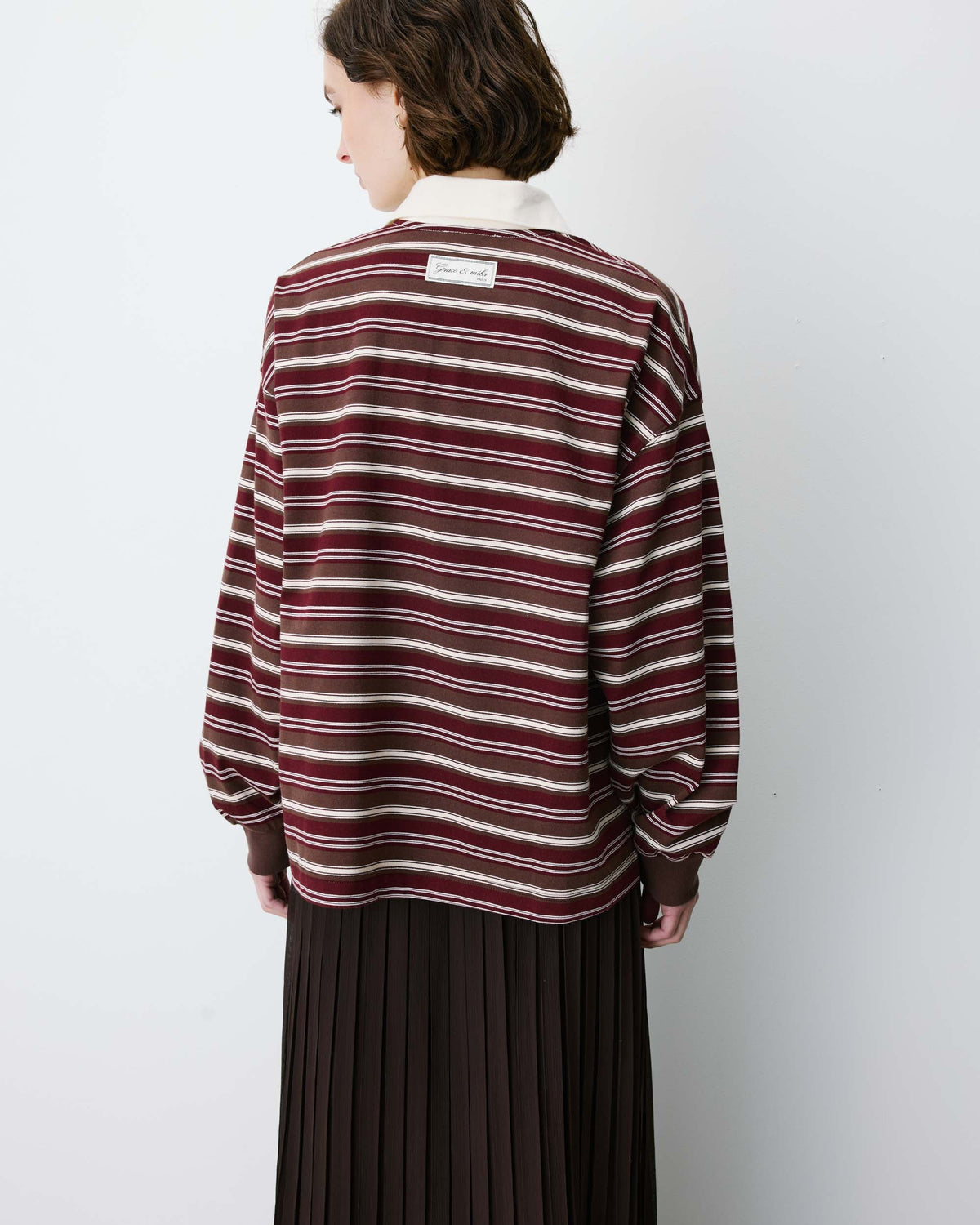 brown and cream striped polo long sleeve