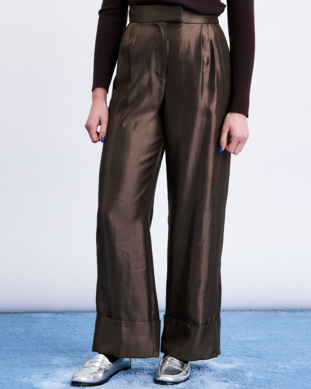 wide leg tailored pant in brown