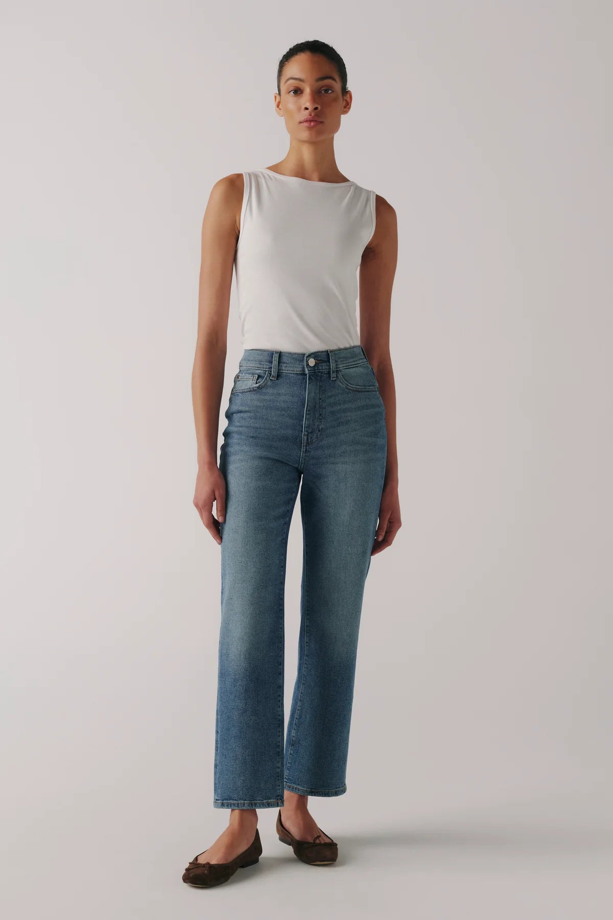 high rise straight denim pant with a medium wash