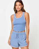 blue short with white and red trim