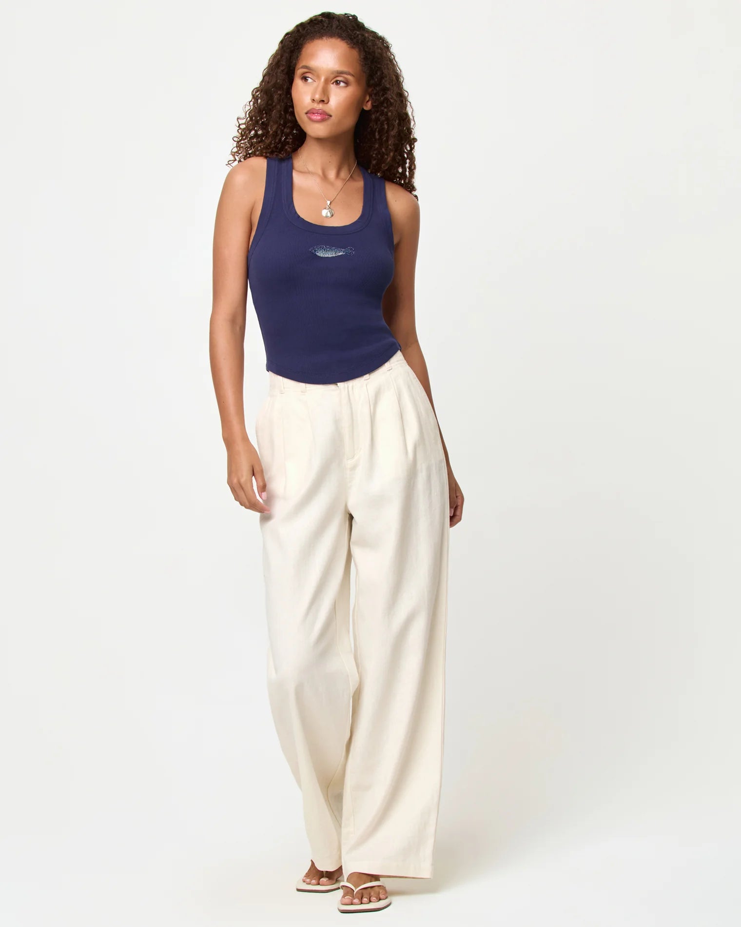 crop navy tank top with fish embroidery 