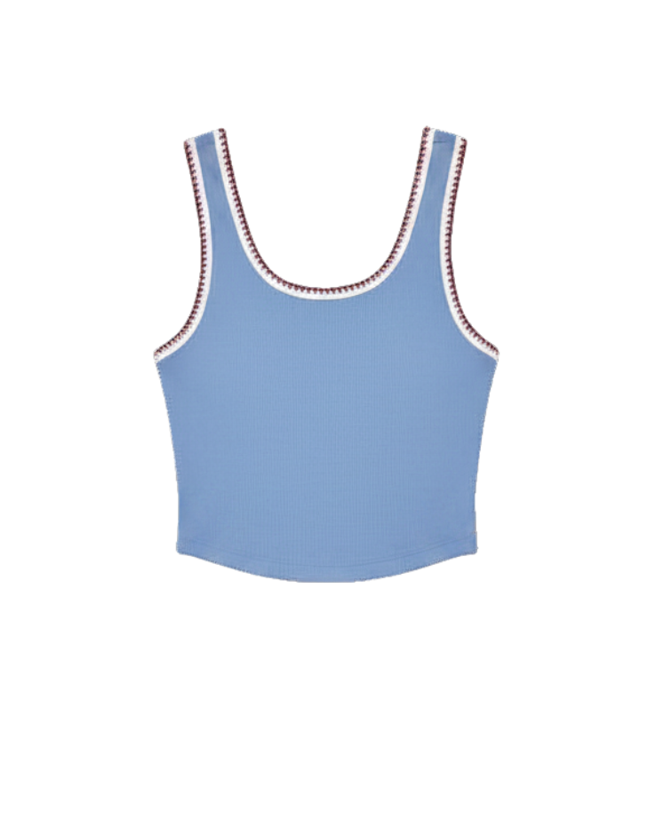 blue crop tank top with dark red trim