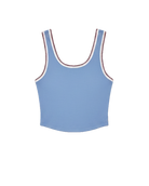 blue crop tank top with dark red trim