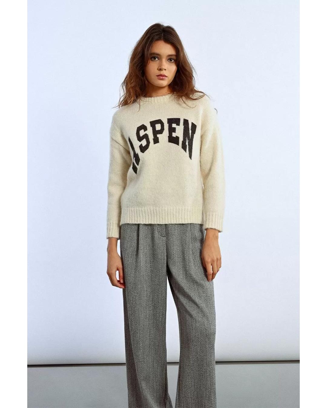 cream sweater with aspen written on the front