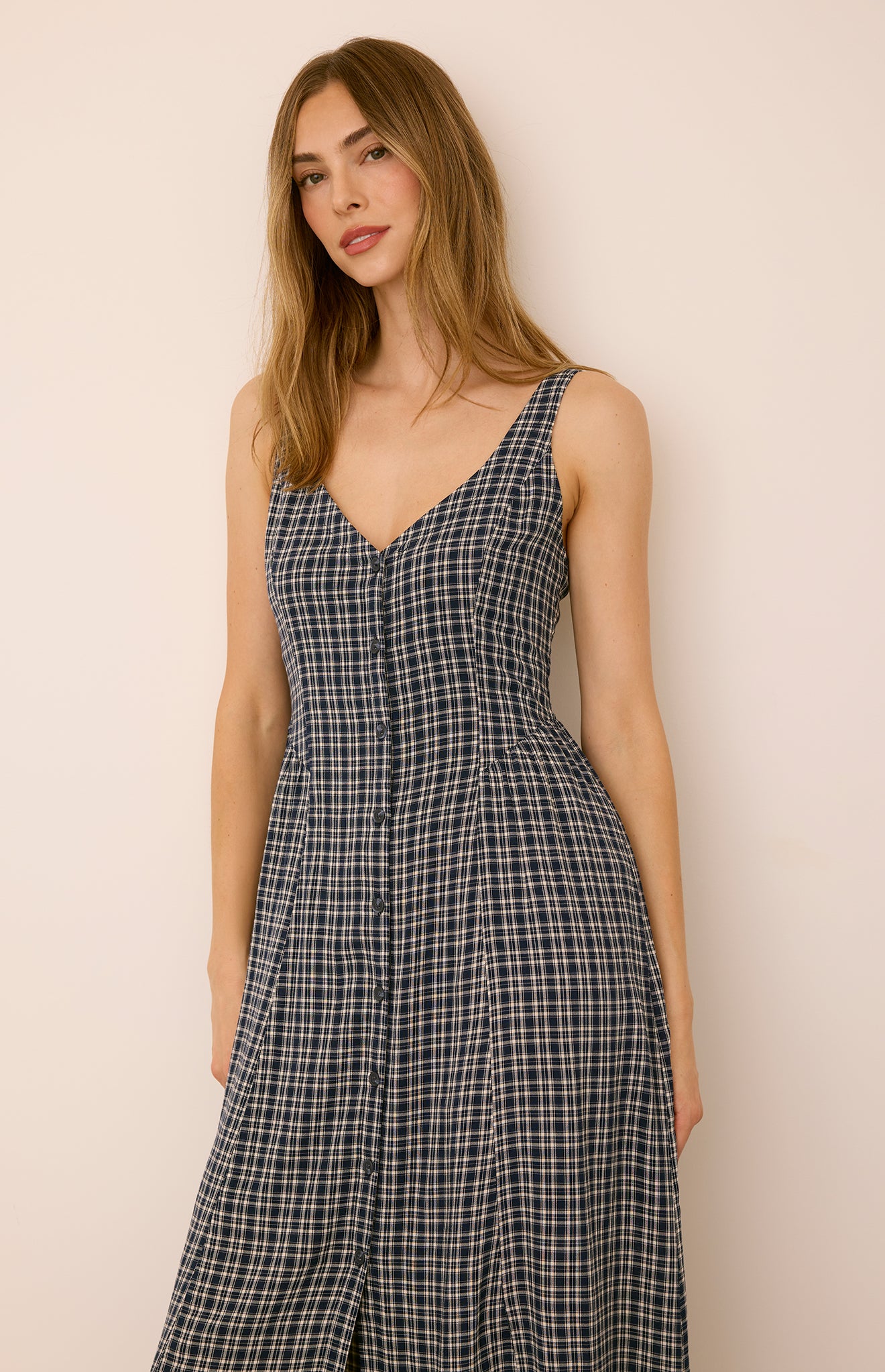 midi dress in a navy checkered pattern