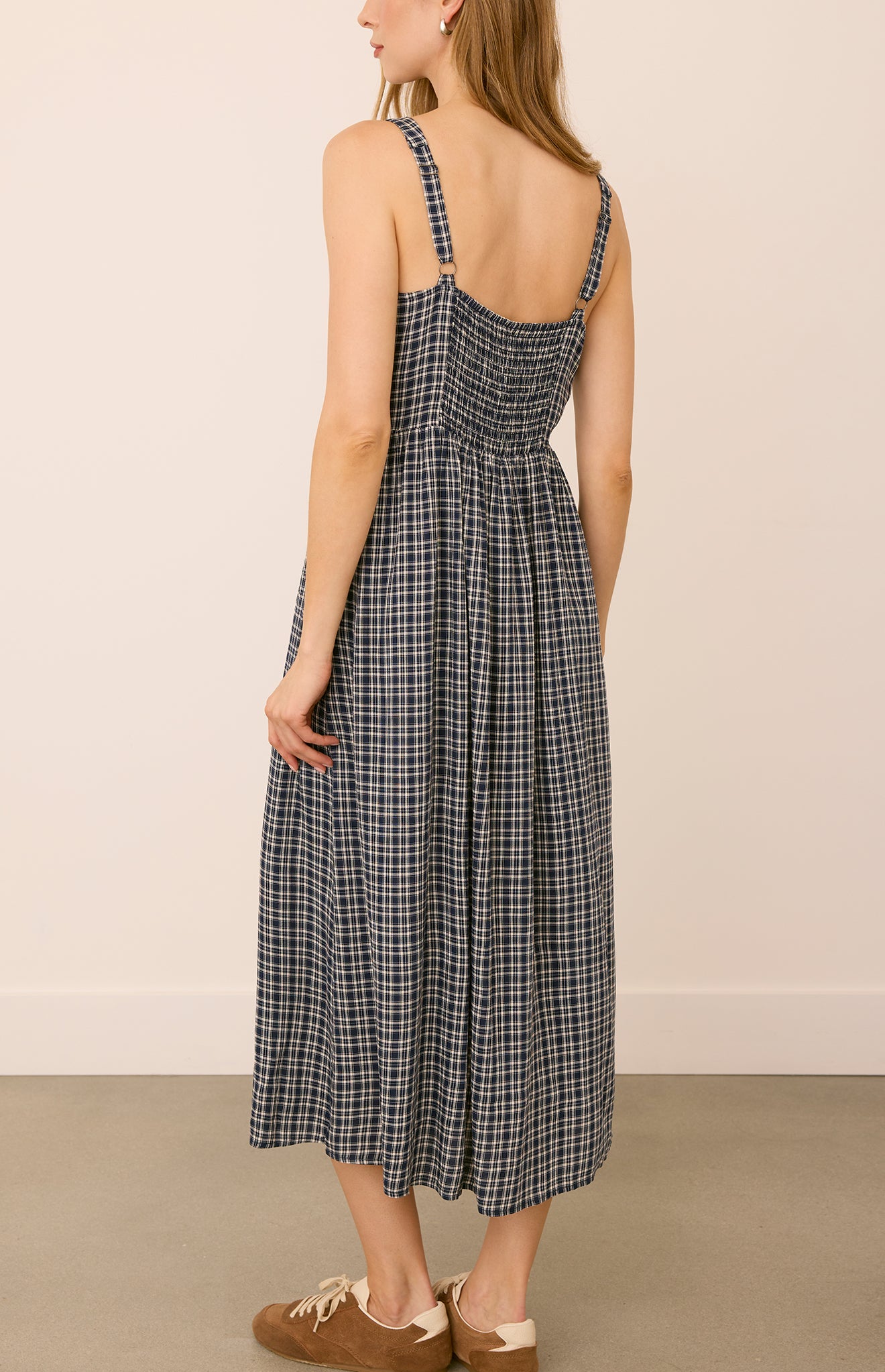 midi dress in a navy checkered pattern