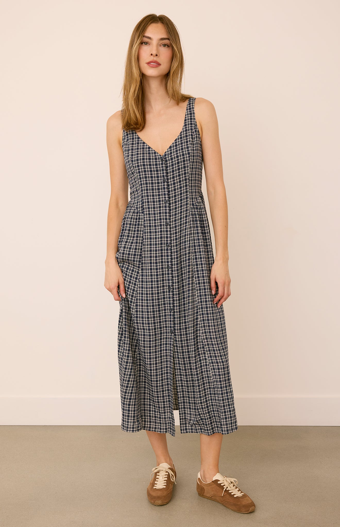 midi dress in a navy checkered pattern