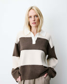 brown and cream thick stripe polo sweater 
