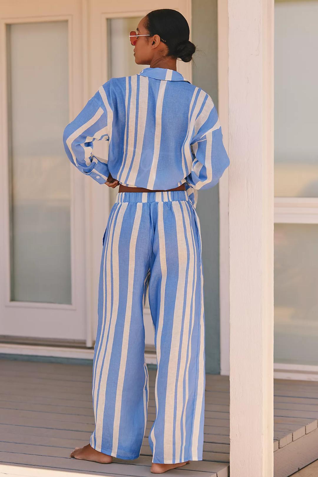 blue and white stripe linen pant