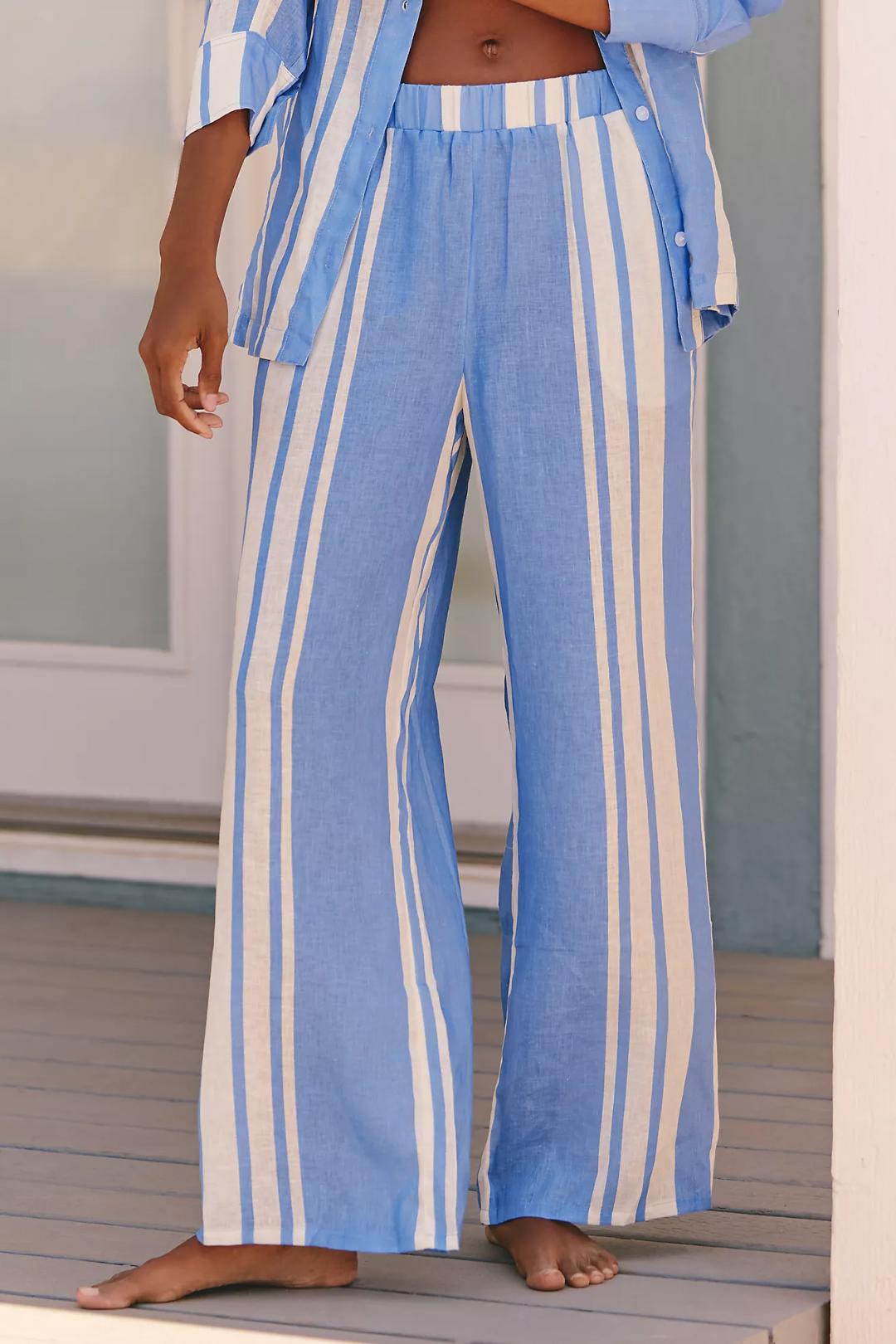 blue and white stripe linen pant