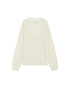 cream knit v-neck sweater with lace trim around neck