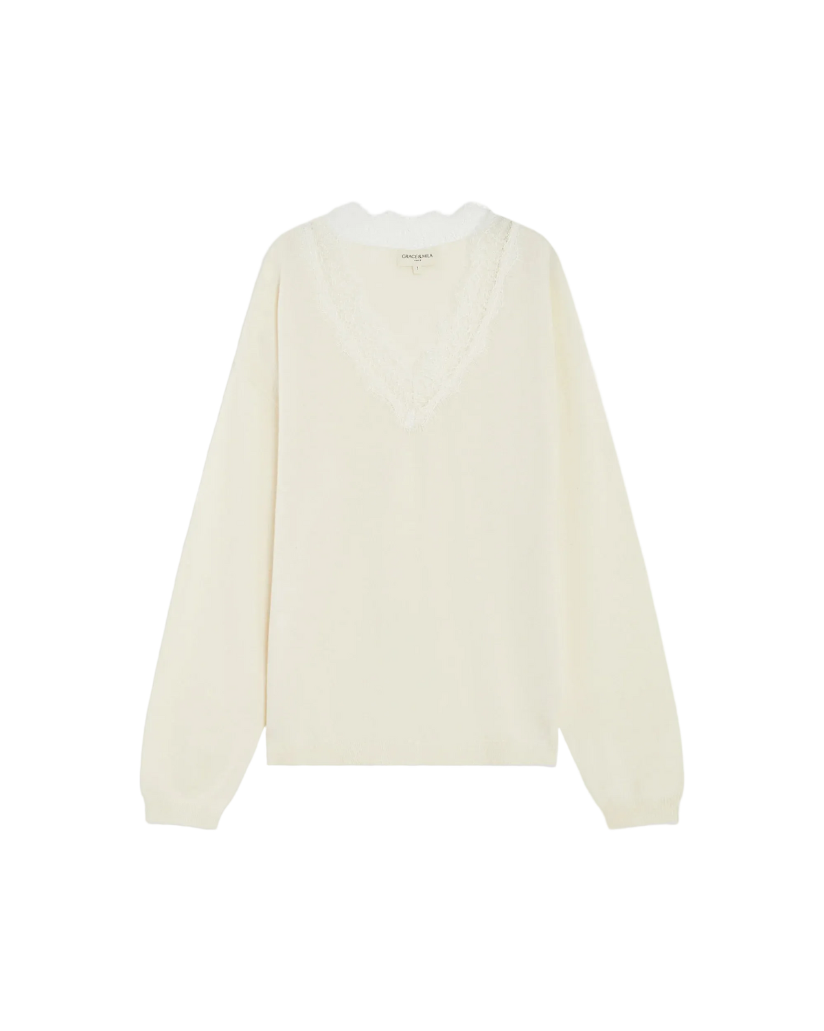 cream knit v-neck sweater with lace trim around neck