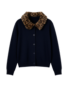 navy button up cardigan with leopard print fur collar