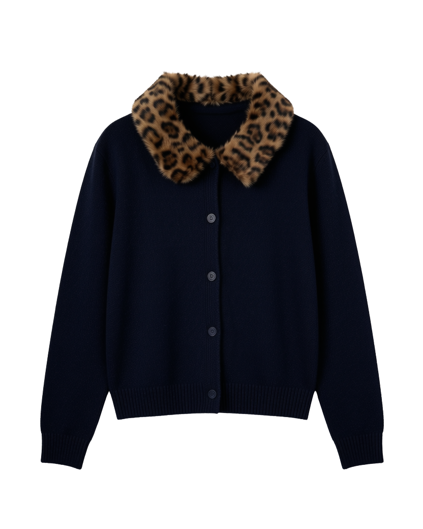 navy button up cardigan with leopard print fur collar
