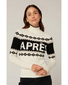 white and black sweater that says apres