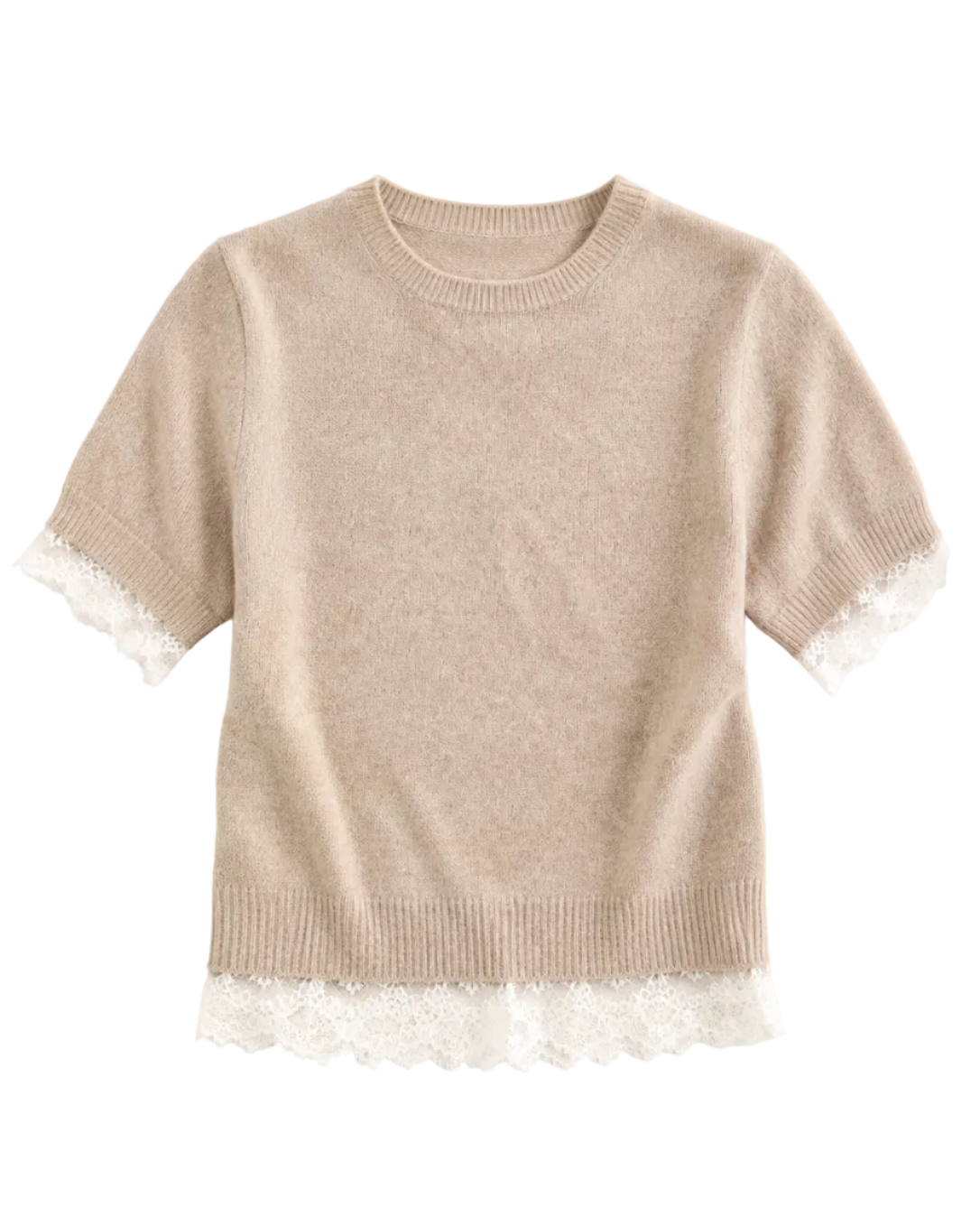 short sleeve knit top in beige with lace detail on bottom and sleeves