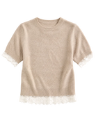 short sleeve knit top in beige with lace detail on bottom and sleeves