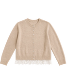 beige knit cardigan with pearl buttons and lace trim on the bottom