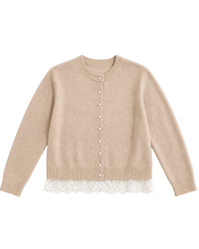 beige knit cardigan with pearl buttons and lace trim on the bottom
