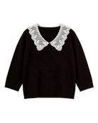 short sleeve knit top in brown with lace collar 