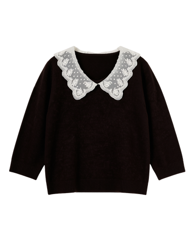 short sleeve knit top in brown with lace collar 