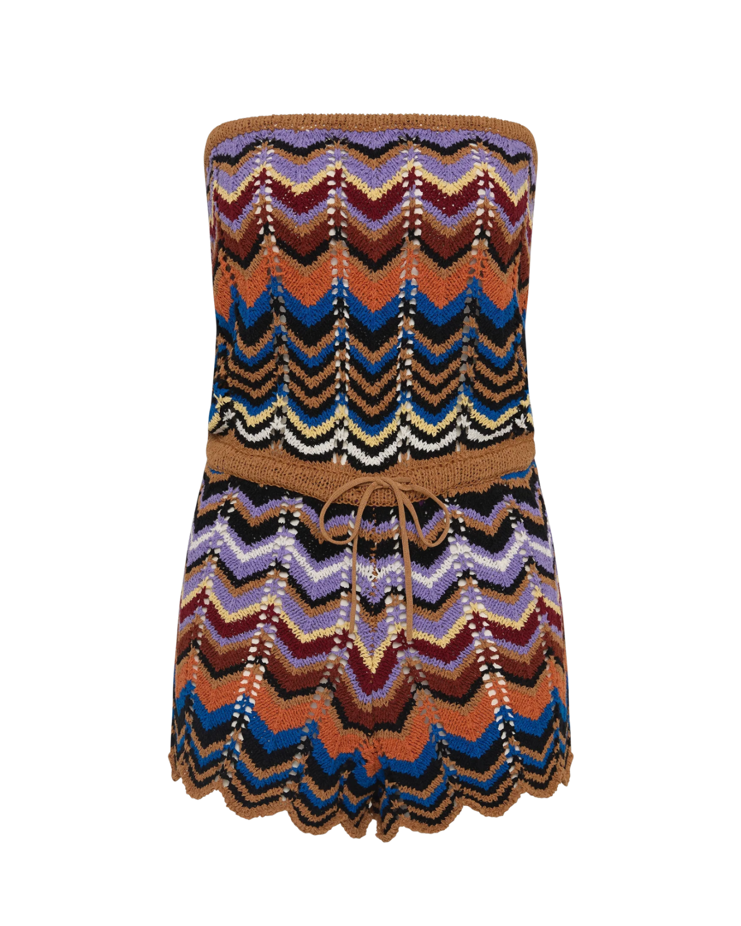 strapless romper with drawstring waist in multi colour stripes
