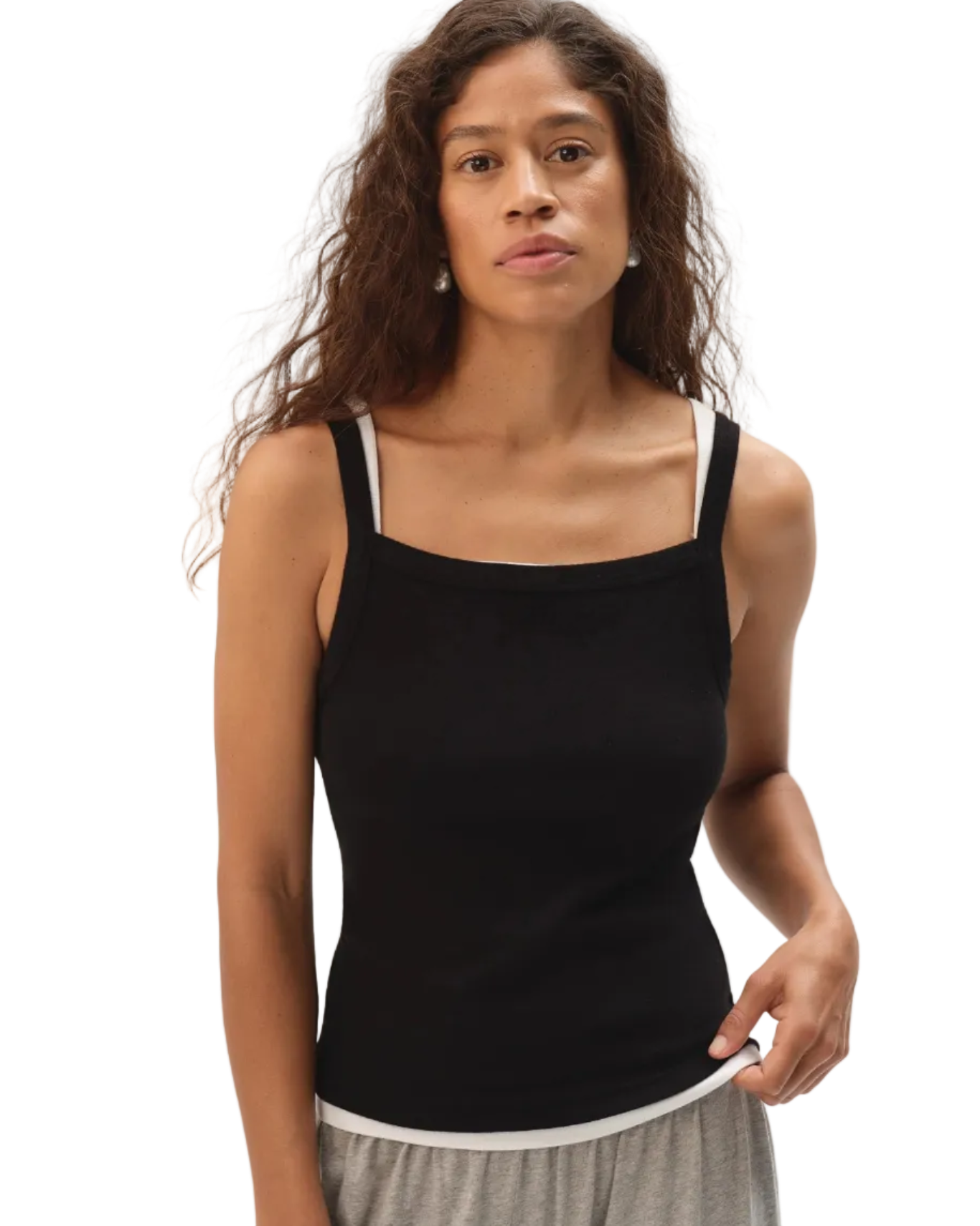 square neck rib tank top in black