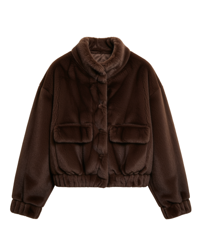 faux fur jacket in brown with fold over pockets and a highs collar