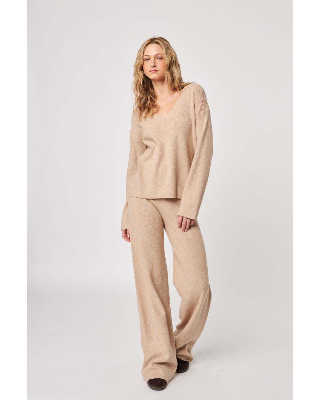 beige knit pant with wide leg
