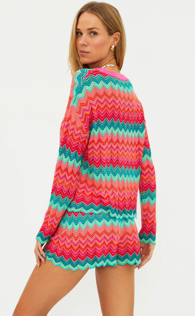 pink, blue and orange wavy striped shorts