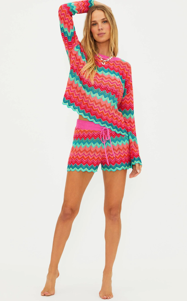 pink, blue and orange wavy striped shorts