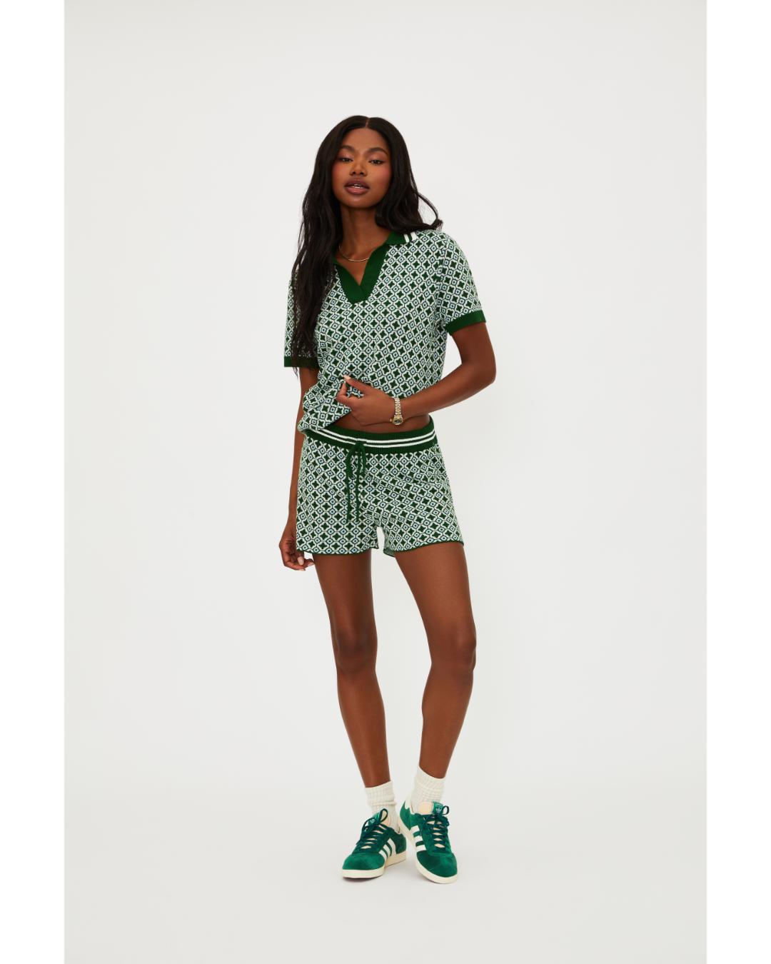 green printed shorts with drawstring