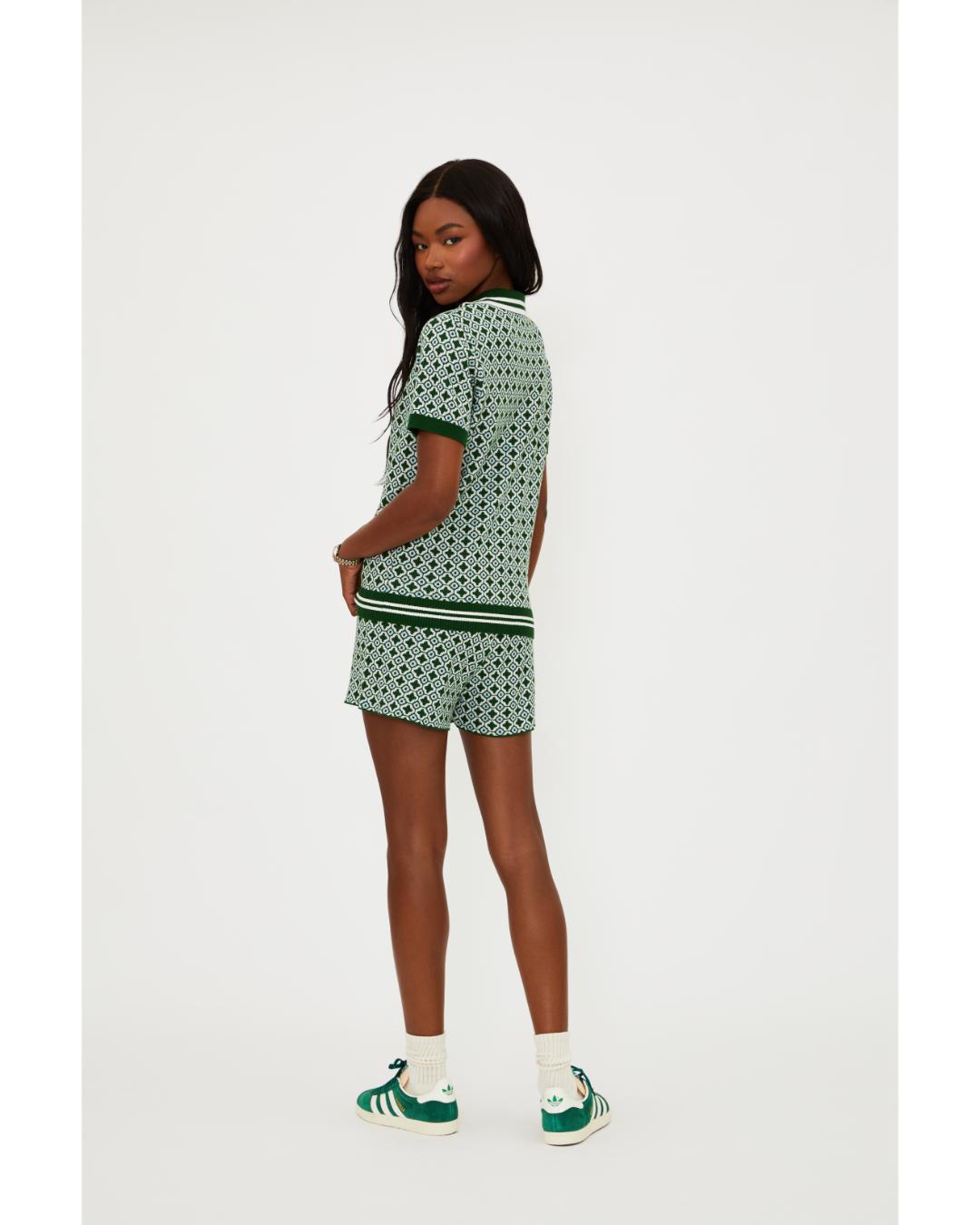 green printed shorts with drawstring
