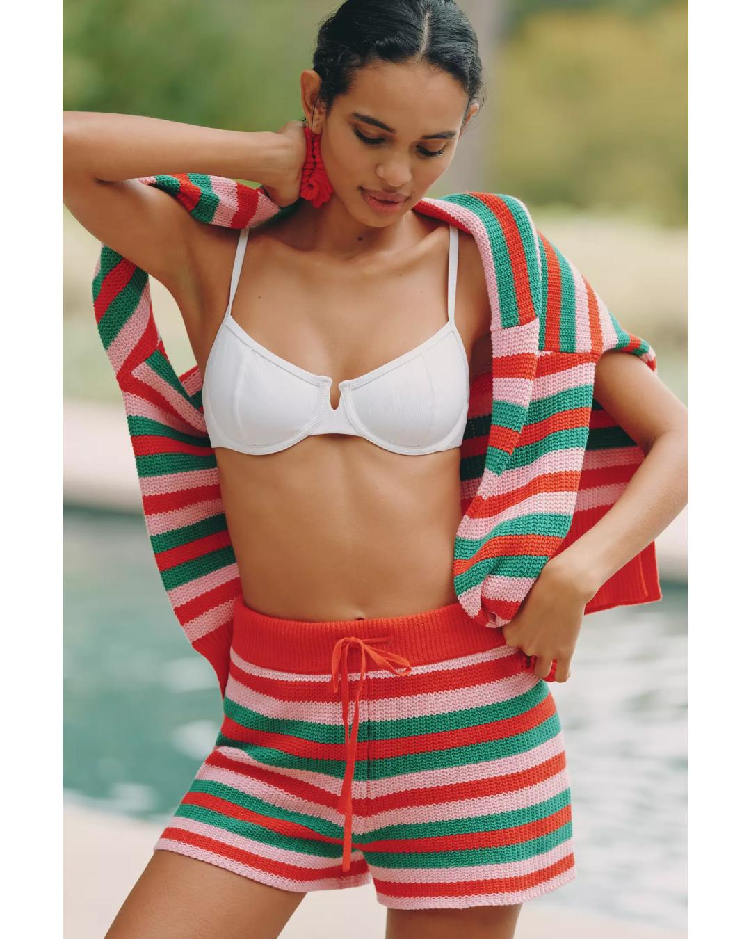 crochet short with reed, pink and green stripes