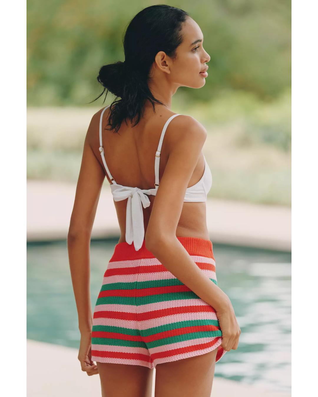 crochet short with reed, pink and green stripes