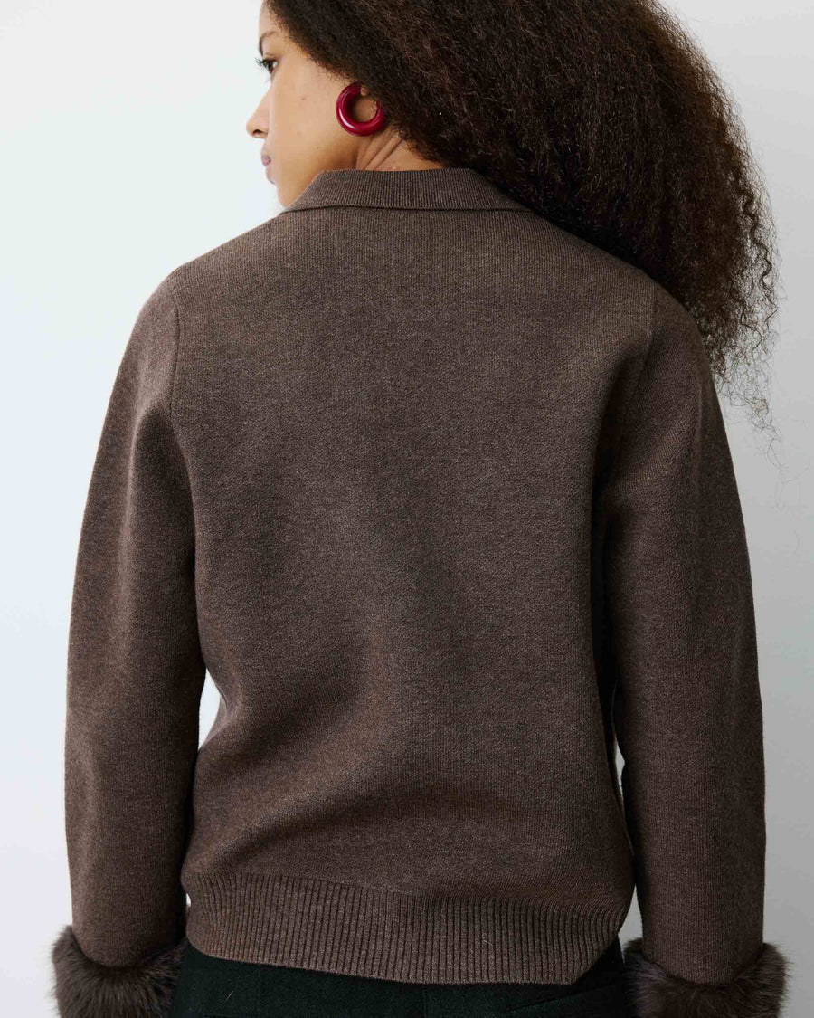 knit cardigan in brown with faux fur cuffs