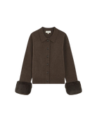 knit cardigan in brown with faux fur cuffs