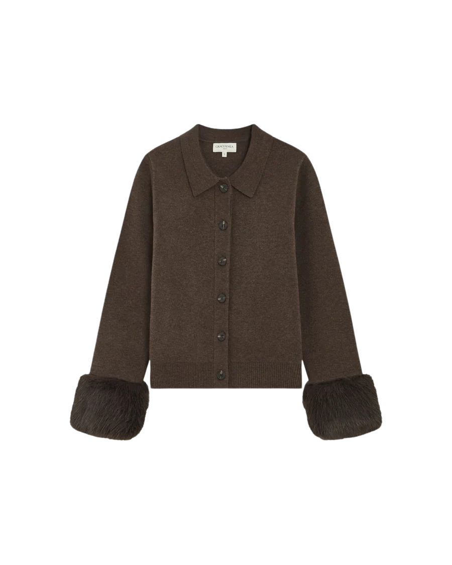 knit cardigan in brown with faux fur cuffs
