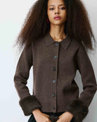 knit cardigan in brown with faux fur cuffs