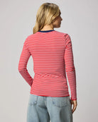 red stripe long sleeve with navy neck line