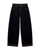 dark denim barrel jean with rolled cuff and plaid design