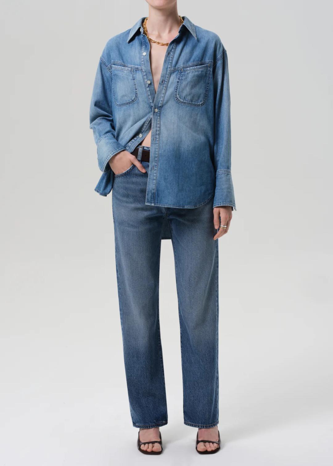 blue denim in relaxed straight leg