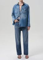 blue denim in relaxed straight leg