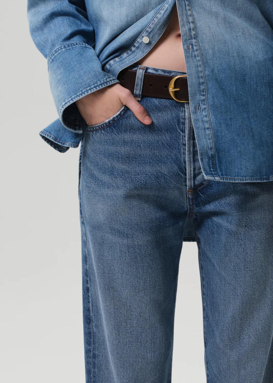 close up of blue denim pant with straight leg