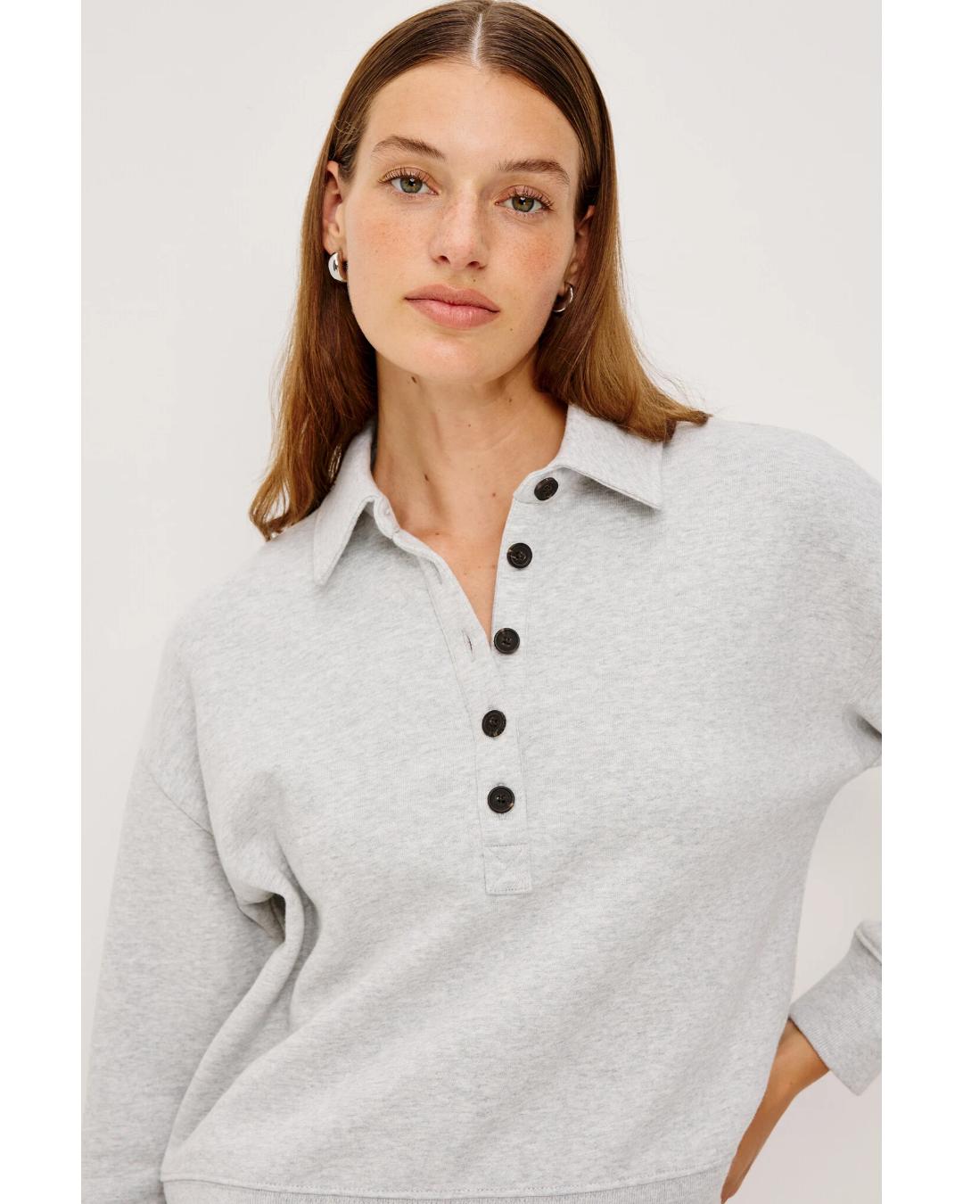 grey sweatshirt with collar and buttons down halfway 