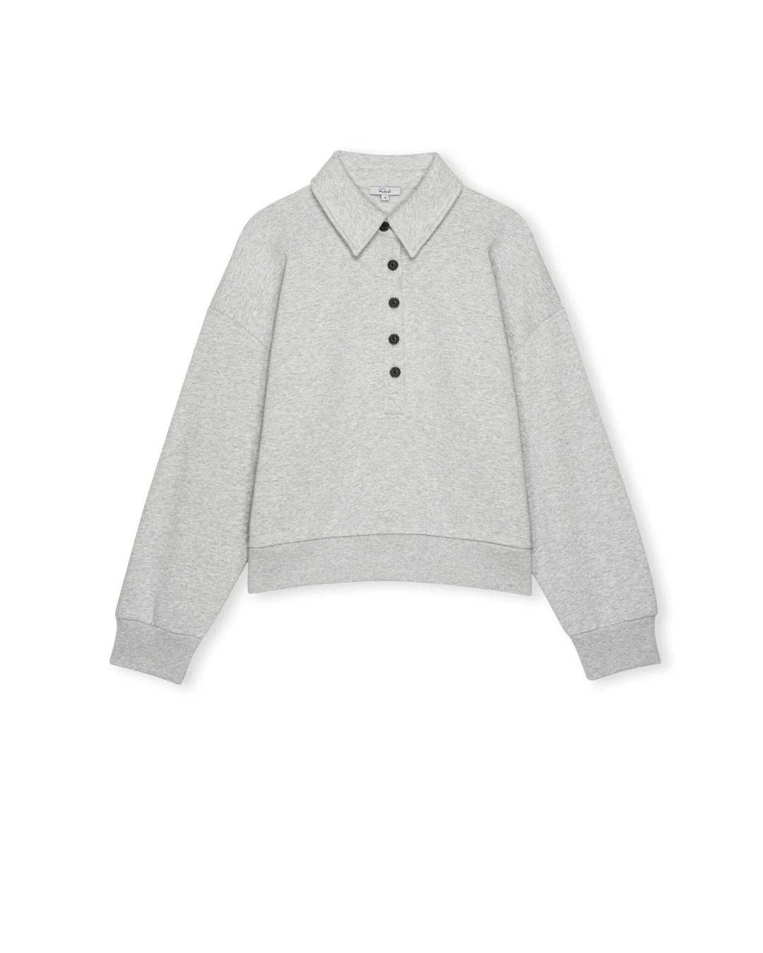 grey sweatshirt with collar and buttons down halfway 