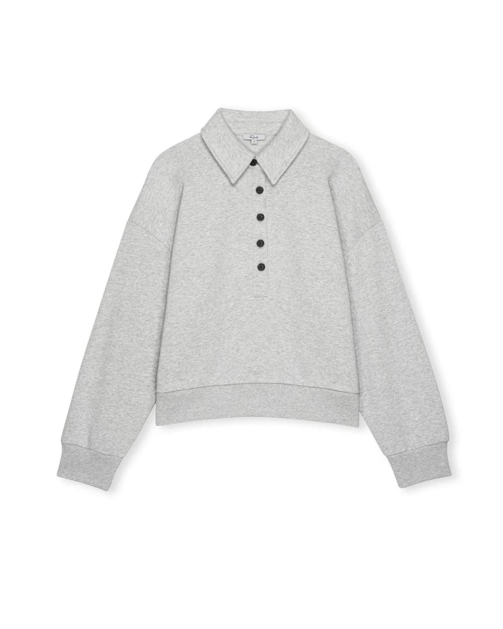 a light gray knit long-sleeve sweater with black buttons halfway down