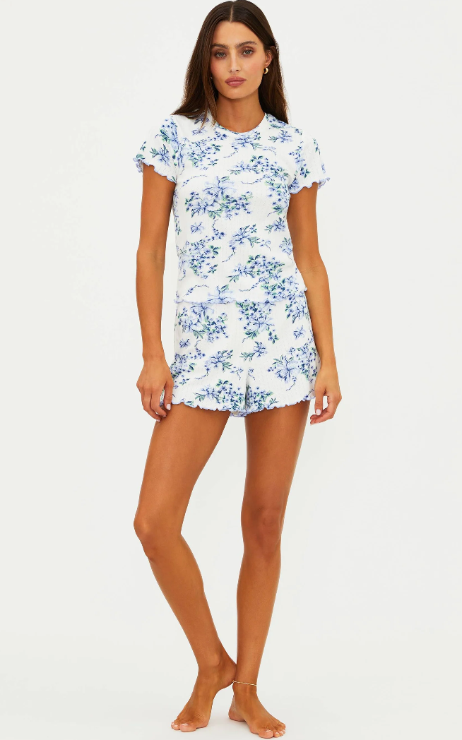 short sleeve and short sleep set in white with blue floral prints